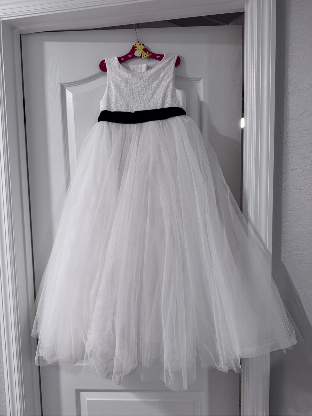 David's Bridal White Lace and Tulle Flower Girl Dress with Black Sash